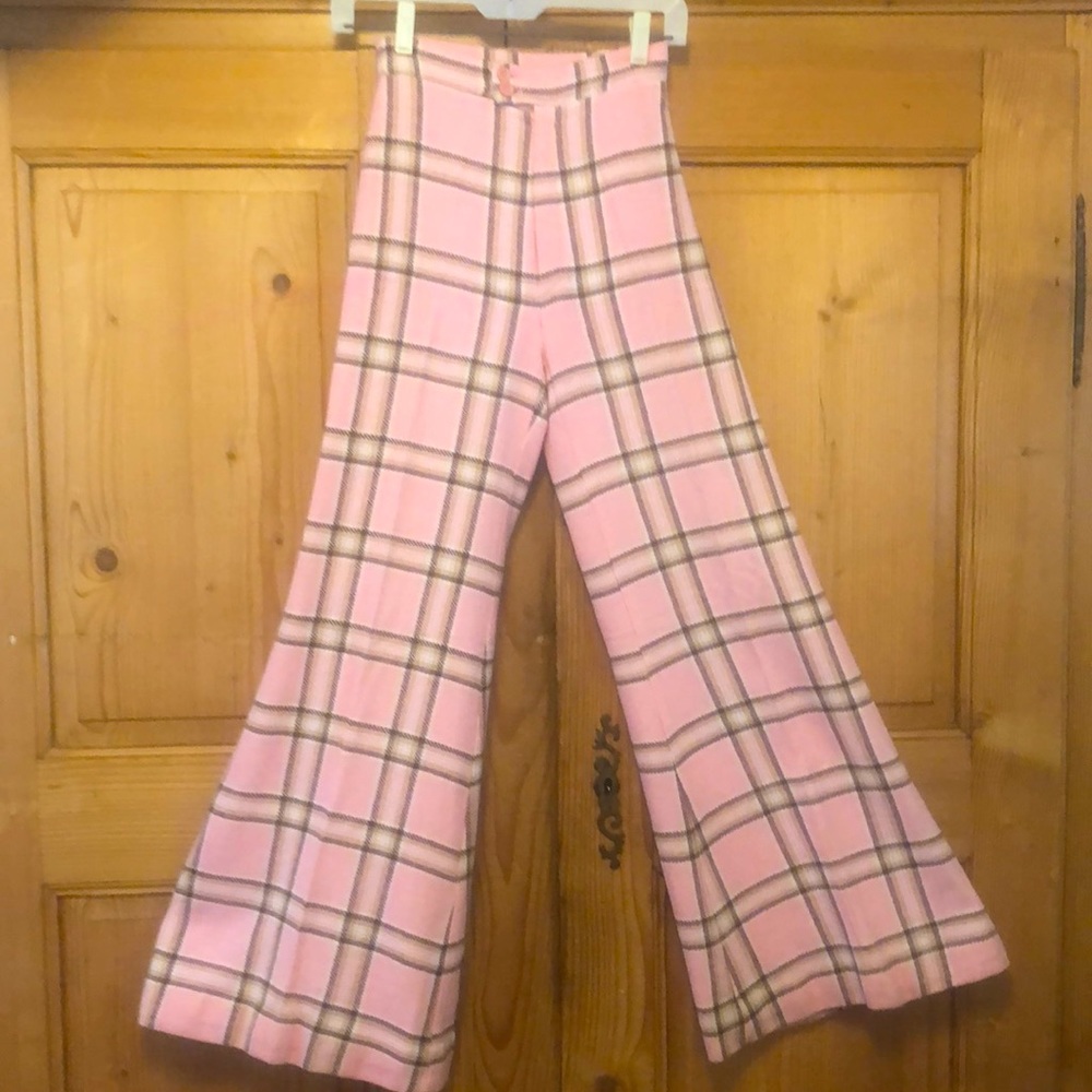 AMAZING VTG 1970s Happy Legs Pink Plaid Wool Wide Leg Flare Pants Suit Trousers